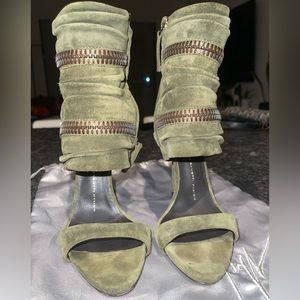 Giuseppe Zanotti Olive Green Suede Wraparound Zipper Sandals